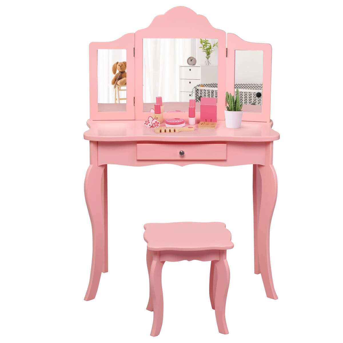 HONEY JOY 2 in 1 Kids Vanity Table & Chair Set, Princess Makeup Dressing Table with Drawer & Tri-Folding Mirror