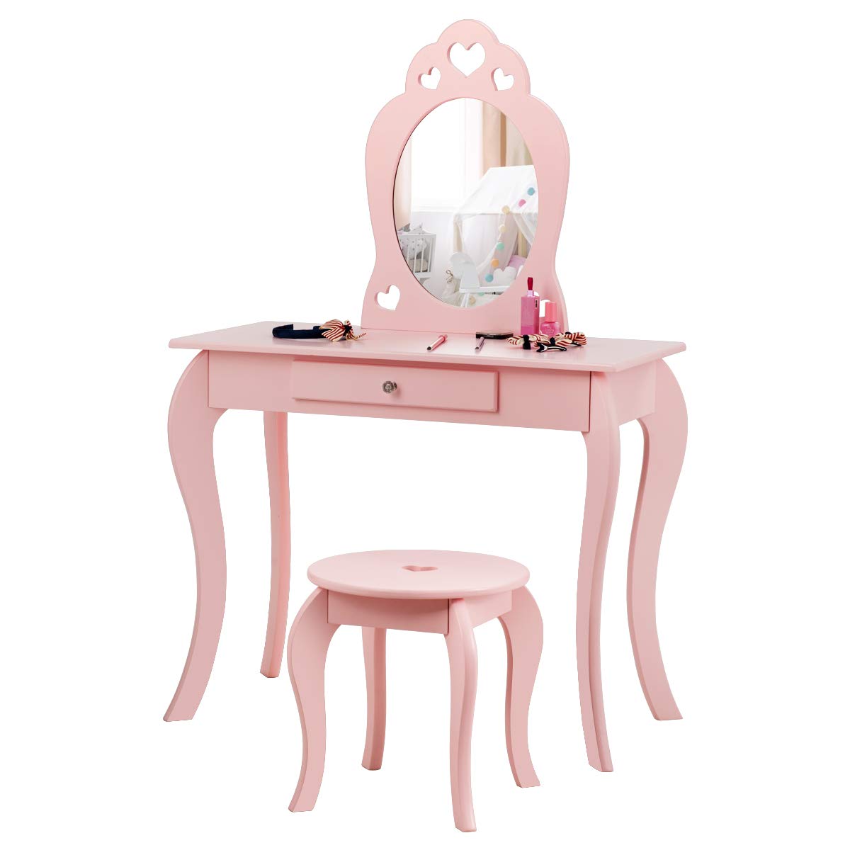 HONEY JOY Kids Vanity Set with Mirror, 2 in 1 Wooden Princess Makeup Vanity Dressing Table with Detachable Top