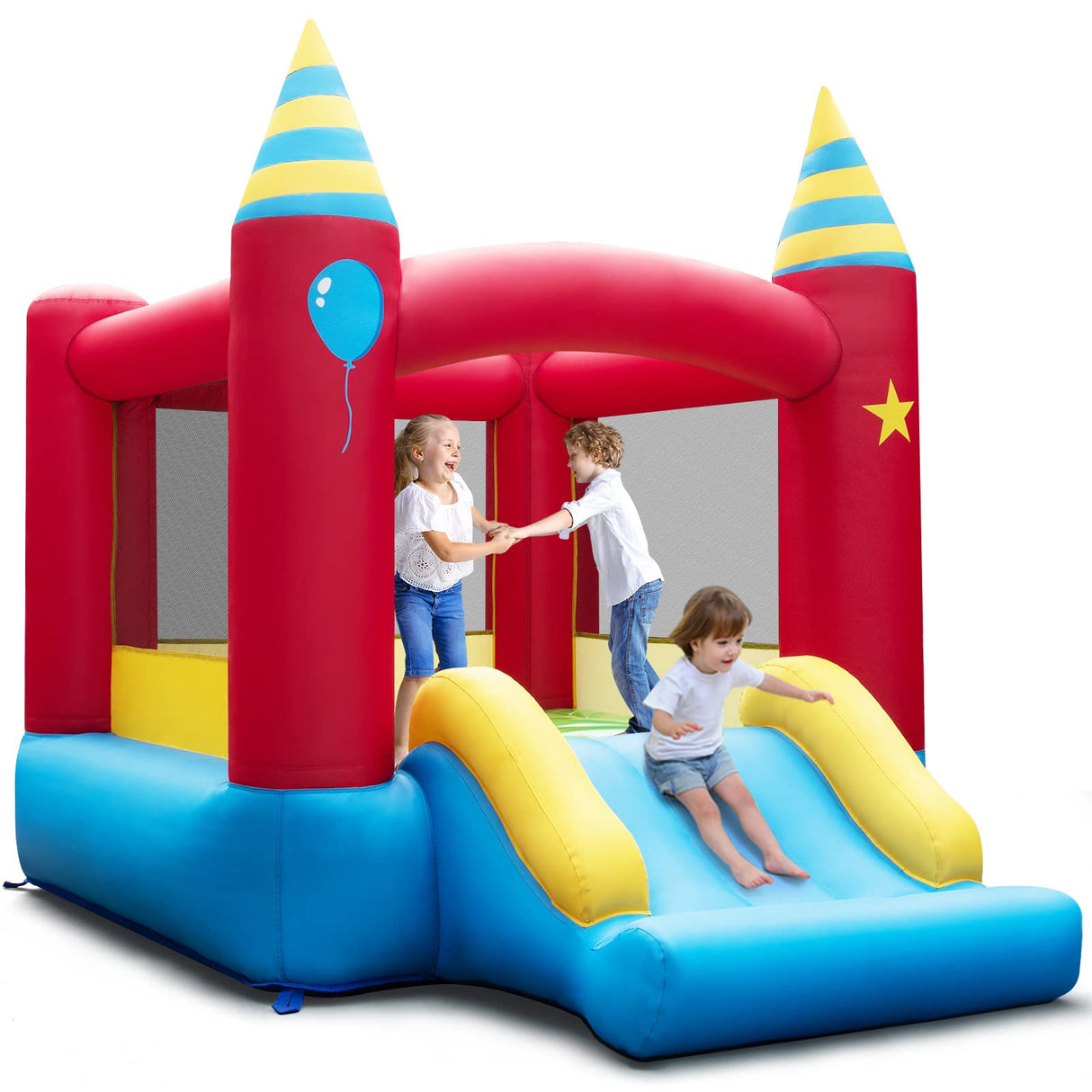 HONEY JOY Inflatable Bounce House, Kids Bouncy Castle w/Large Jumping Area & Wide Slide