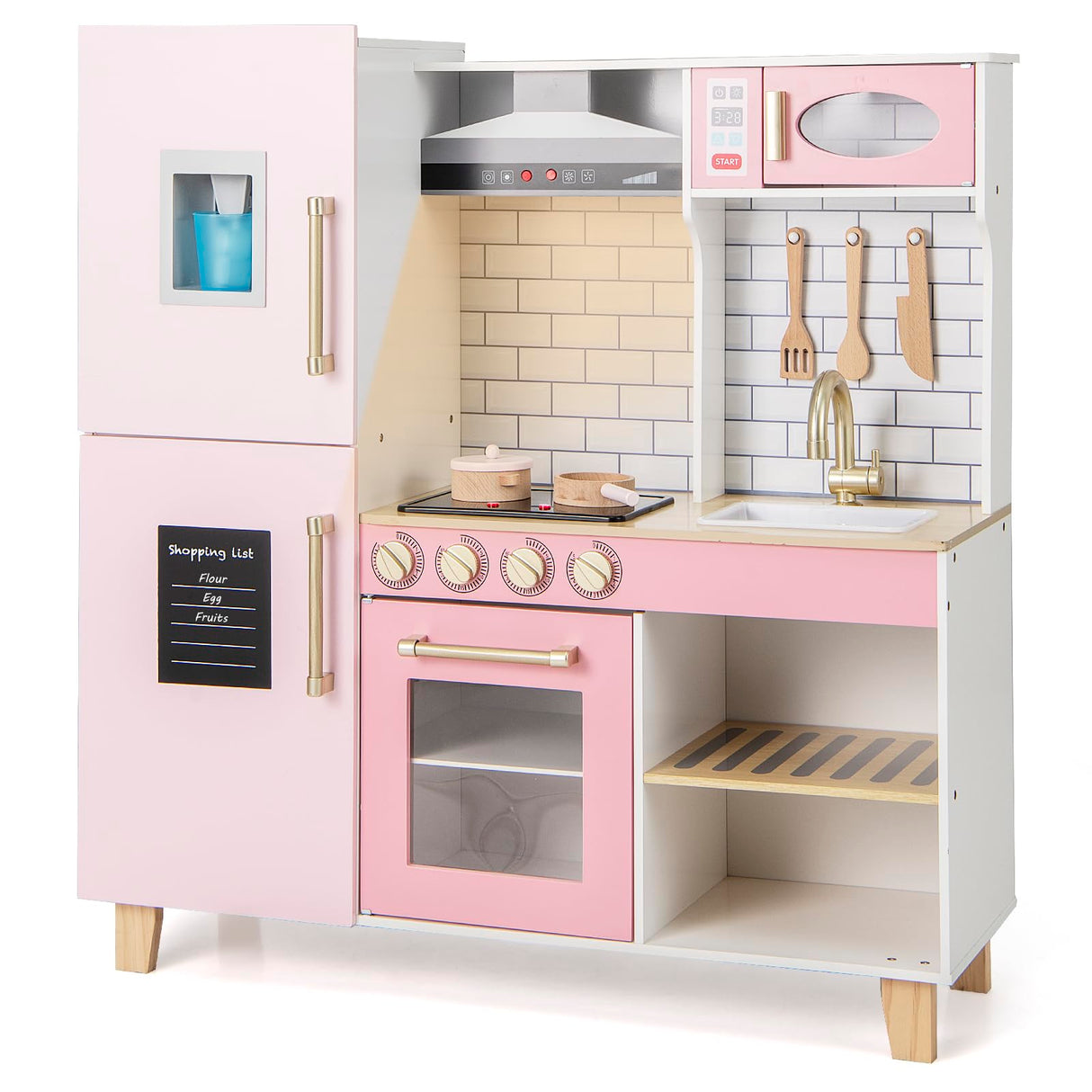 HONEY JOY Kids Kitchen Playset, Wooden Pretend Play Kitchen w/Ice Maker, Range Hood