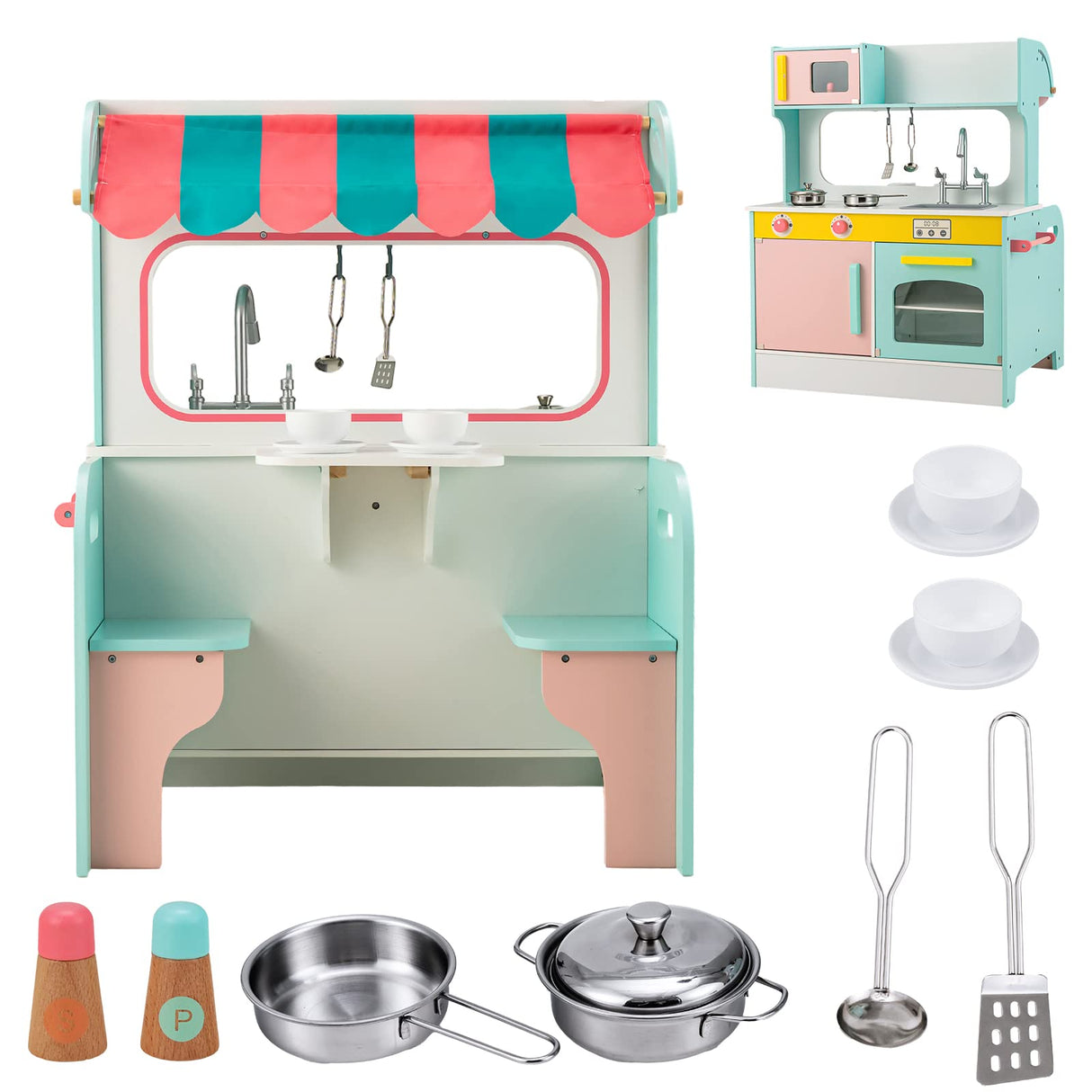 HONEY JOY 2 in 1 Kids Play Kitchen Restaurant, Pretend Play Double Sided Wooden Kitchen Playset