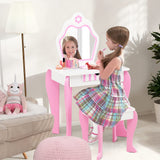 HONEY JOY Kids Vanity Table & Stool Set, 2-in-1 Princess Pretend Play Makeup Dressing Table Set w/Mirror & Drawer