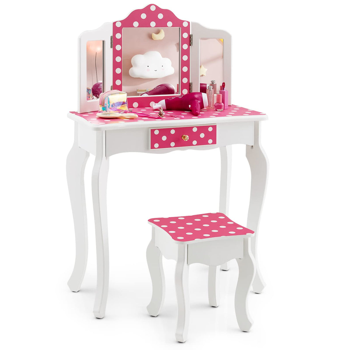 HONEY JOY 2 in 1 Kid Vanity Table & Stool Set Pretend Play Makeup Dressing Table