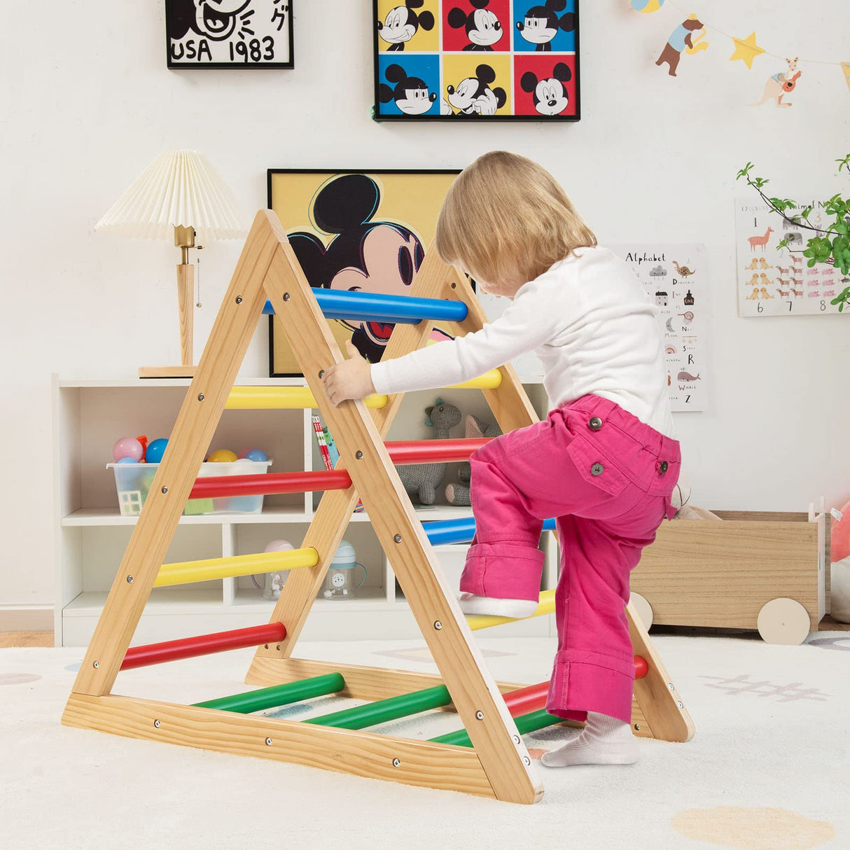 HONEY JOY Triangle Climber, Wooden Climbing Ladder Play Equipment for Kids