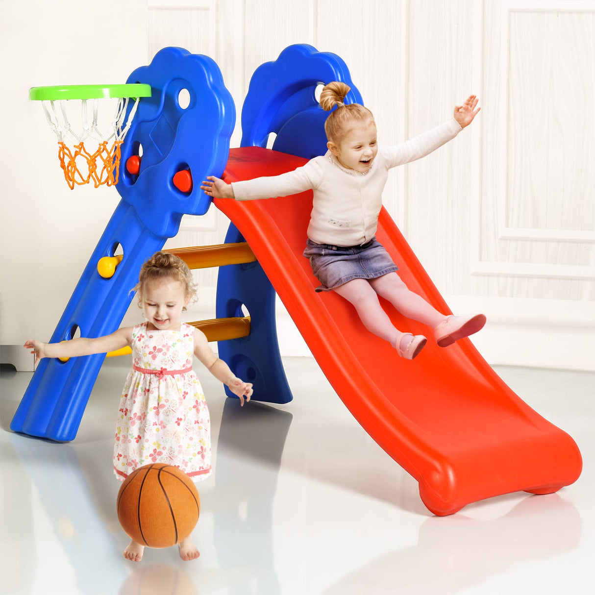 HONEY JOY Kids Slide with Basketball Hoop, 2 in 1 Foldable Slide and Climber for Children for Indoor and Outdoor Use