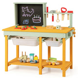 HONEY JOY Kids Wooden Toy Workbench, Deluxe Construction Bench Toy for Kids Toddlers w/Storage Space & Blackboard