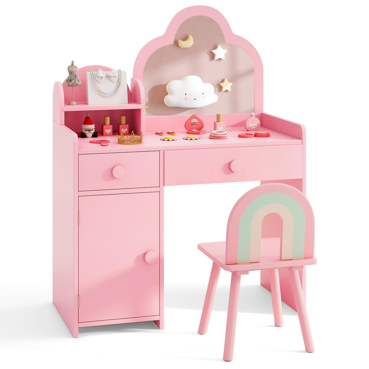 HONEY JOY 2-in-1 Kids Vanity Set w/Mirror, Princess Makeup Table w/Detachable Top, Chair