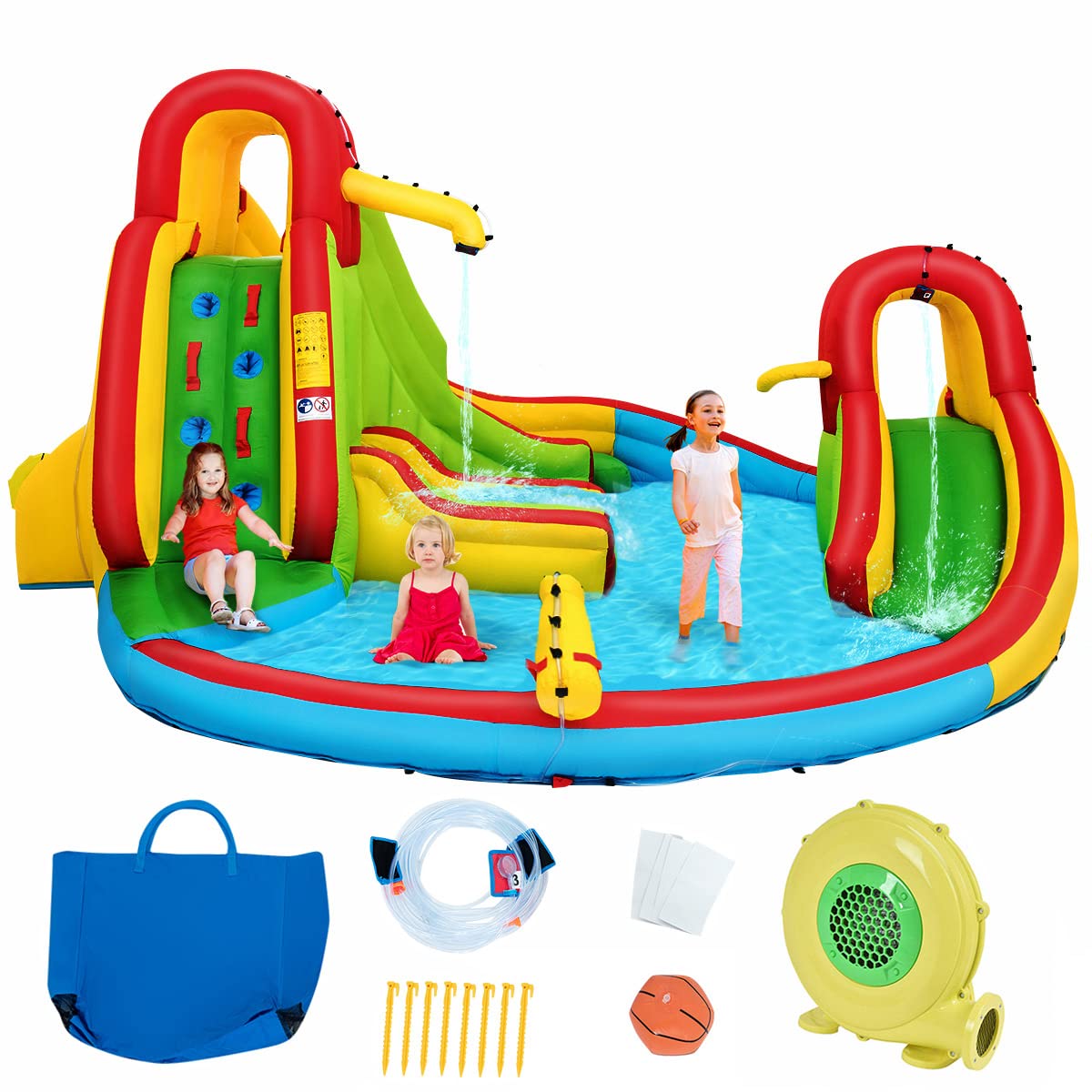 HONEY JOY Inflatable Water Park Jumping Castle, Kids Jumping Bounce House w/ 680W Air Blower, Large Splash Pool, Slides, Water Canon