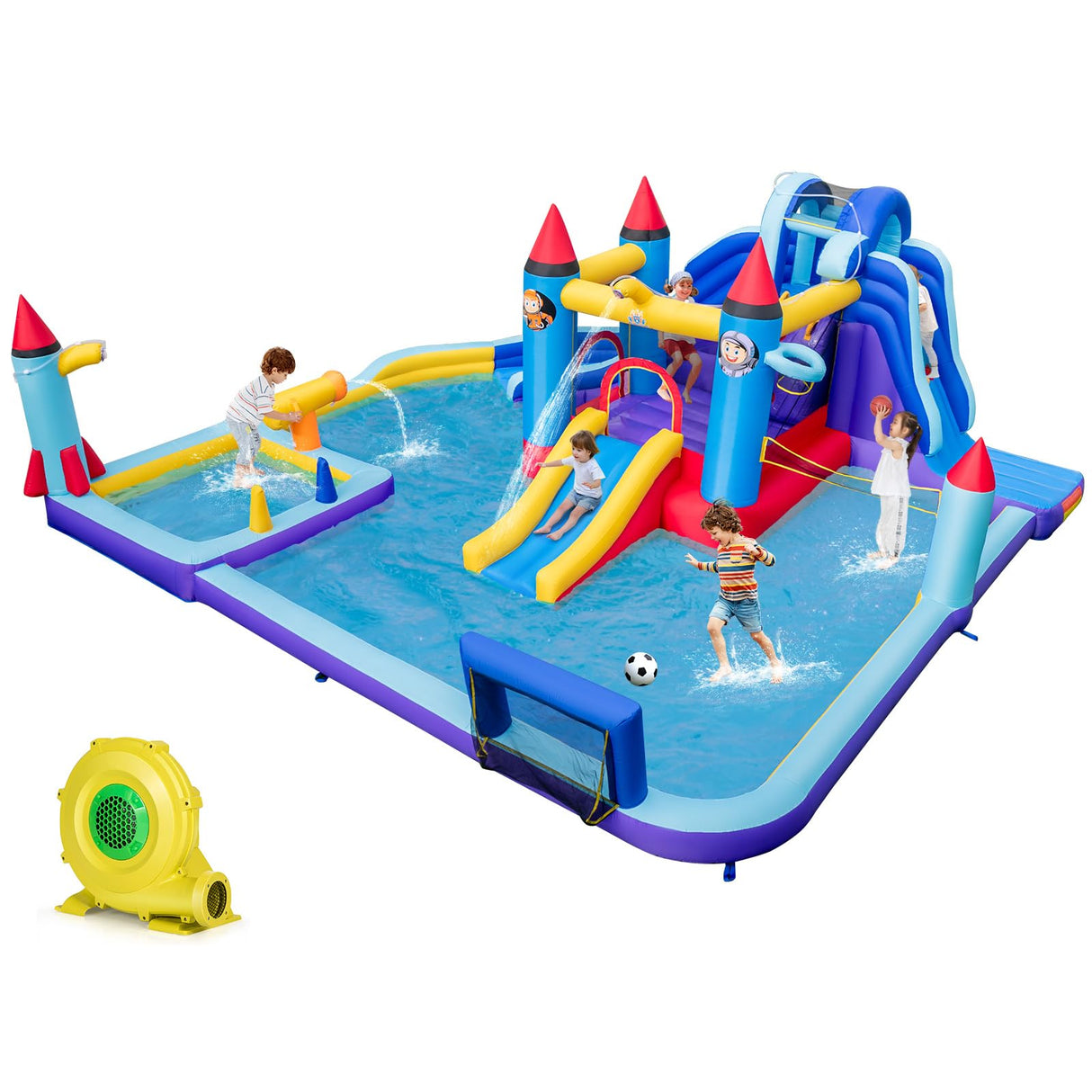 HONEY JOY Inflatable Water Slide Park, Kids Inflatable Jumping Castle w/2 Slides