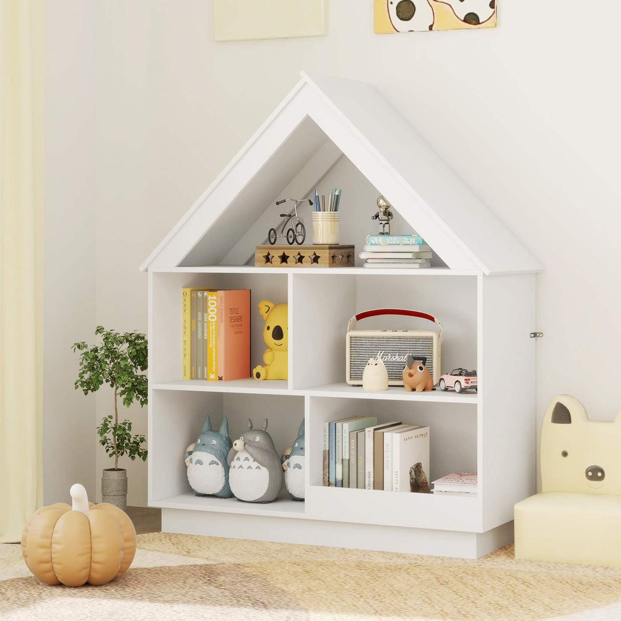 Kids Dollhouse Bookshelf, 3-Tier House-Shaped Storage Organizer w/ Open Shelves