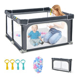 BABY JOY Foldable Baby Playpen, 124 x 124 x 70cm Playpen Activity Center w/50 Balls & 4 Pull Rings for Babies Toddlers