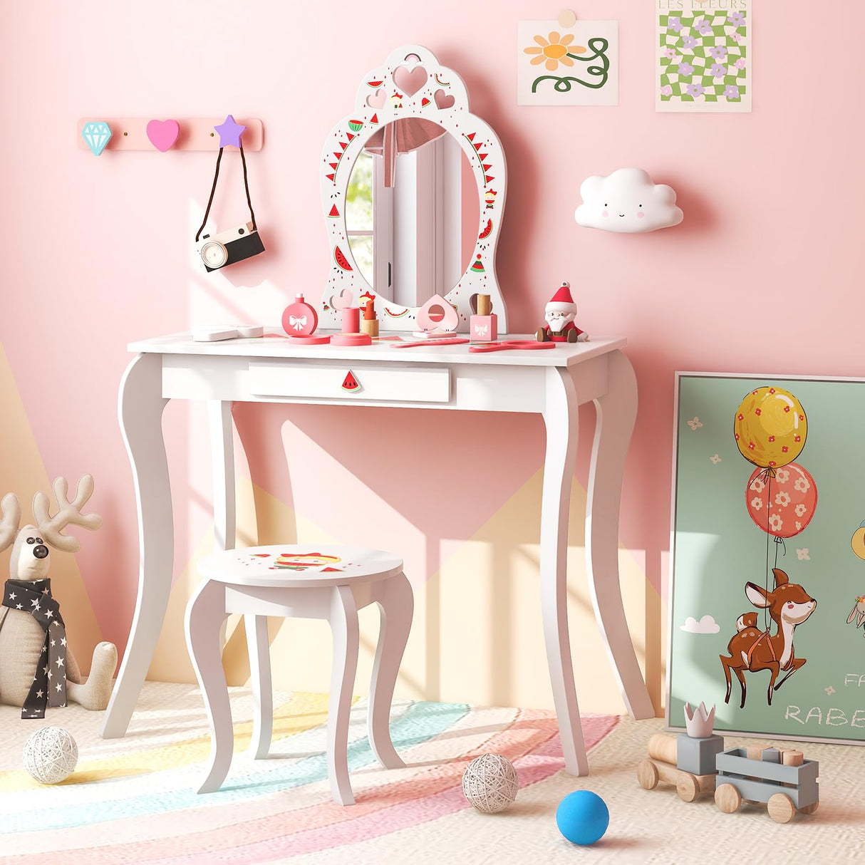 HONEY JOY Kids Princess Vanity Set, 2 in 1 Children Dressing Table w/Removable Mirror & Storage Drawer, Pretend Play Writing Desk Chair