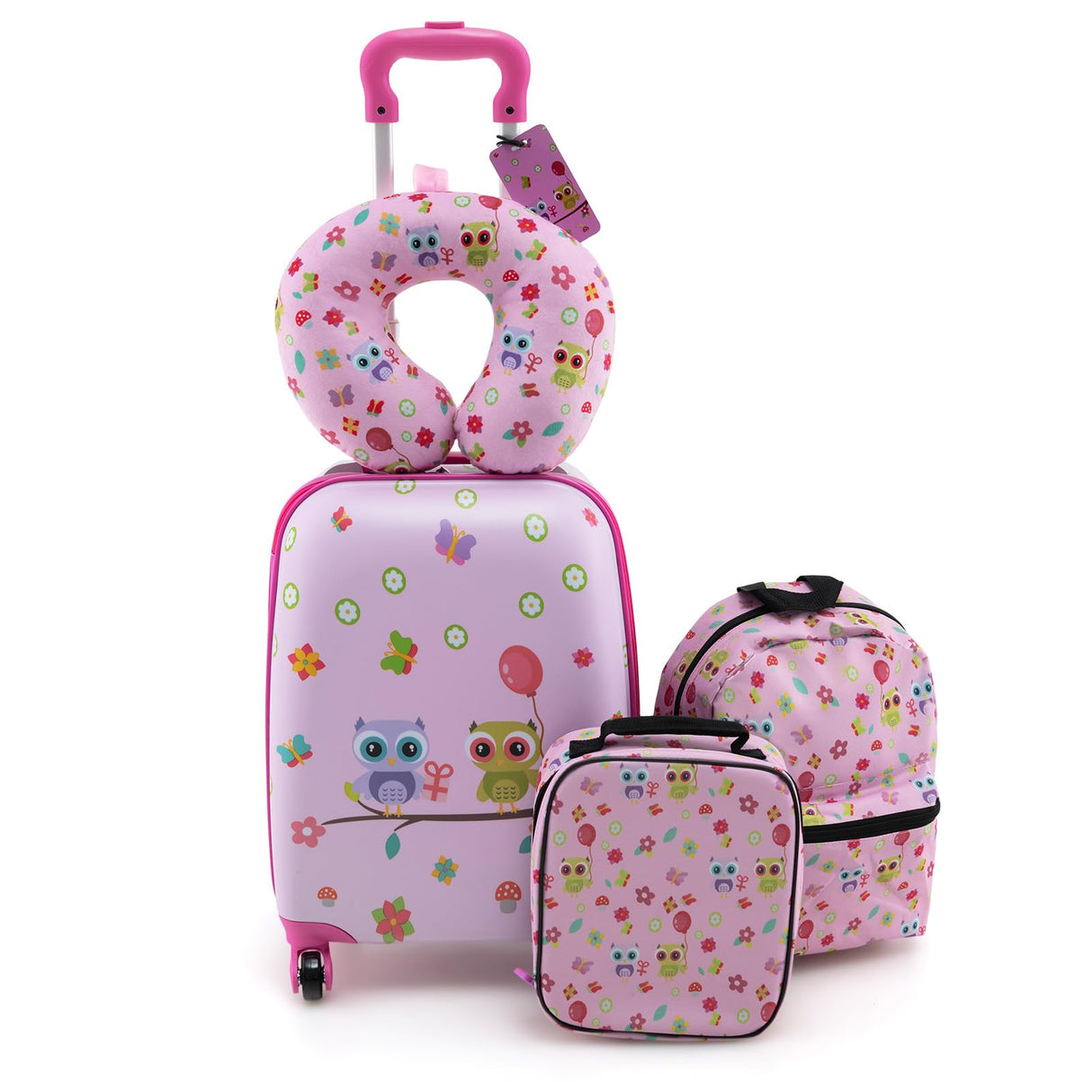 BABY JOY 5 Pieces Kids Luggage Set, Carry-on Children Rolling Suitcase Set w/Backpack, Neck Pillow, Name Tag, Lunch Bag