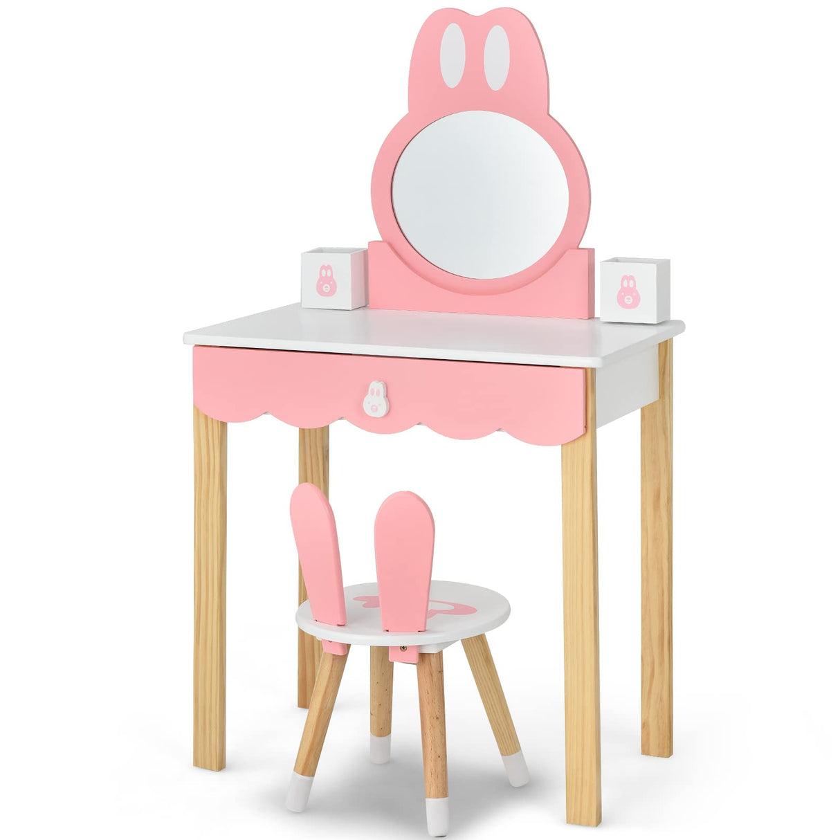 HONEY JOY 2 in 1 Kids Vanity Set w/Mirror, Cute Bunny Princess Makeup Dressing Table Stool