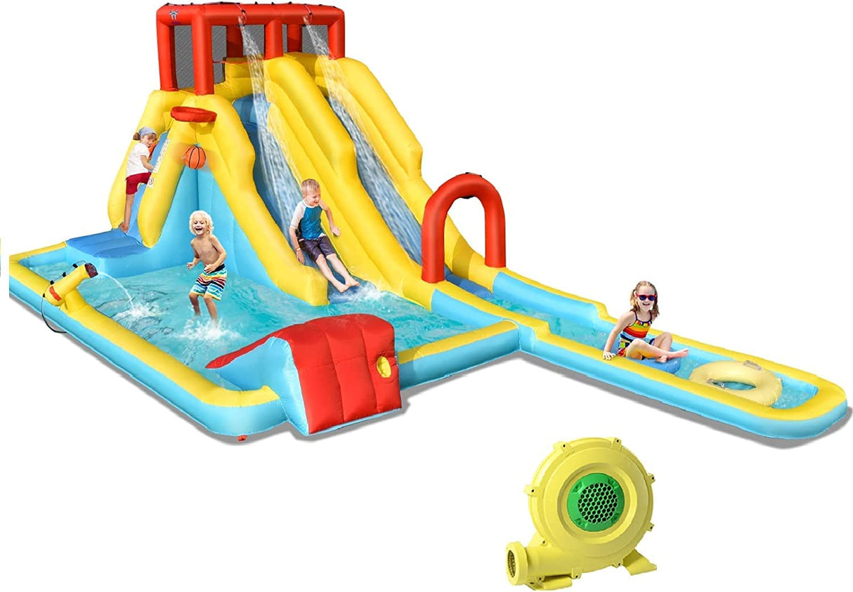 HONEY JOY Inflatable Water Slide, 7-in-1 Double Long Slide Inflatable Water Park w/Climbing Wall (with 750W Blower)