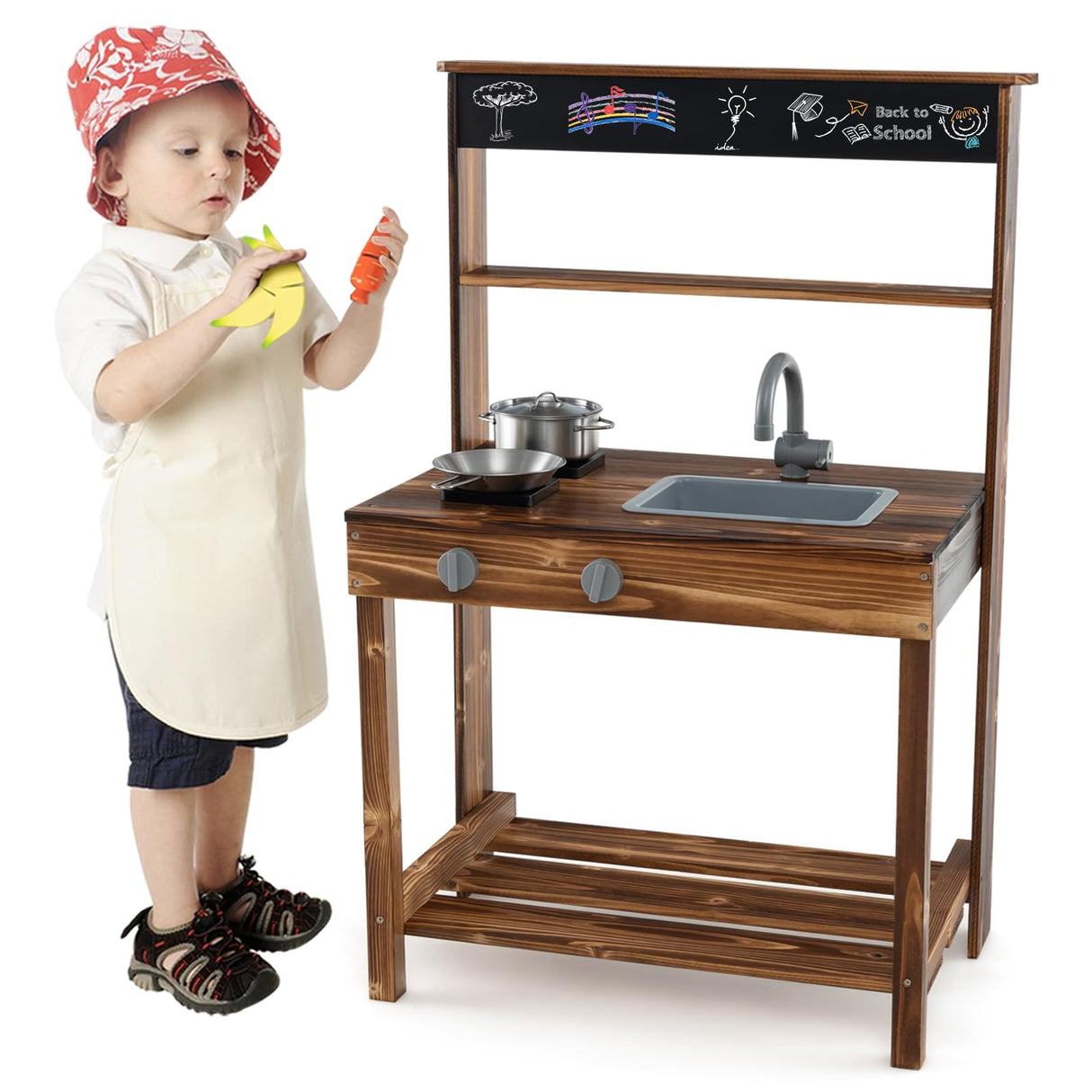 HONEY JOY Kids Mud Kitchen, Outdoor Play Kitchen with Blackboard, Stoves, Removable Sink