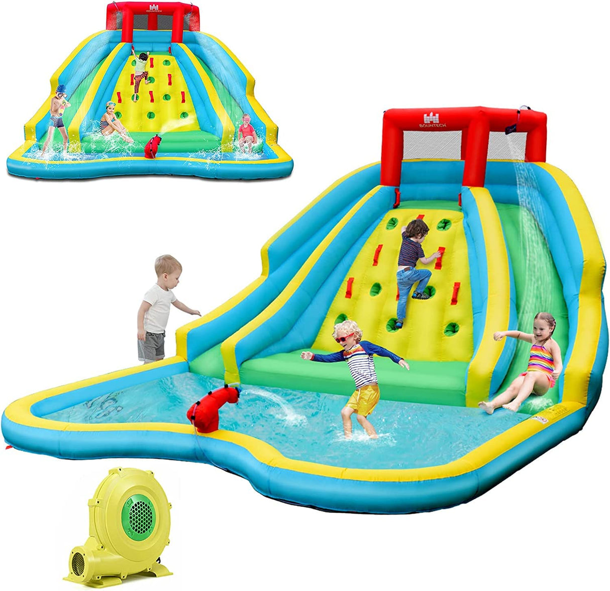 HONEY JOY Inflatable Water Slide, 452 x 365 x 233CM Giant Water Park for Kids w/Double Long Slides, Climbing Wall