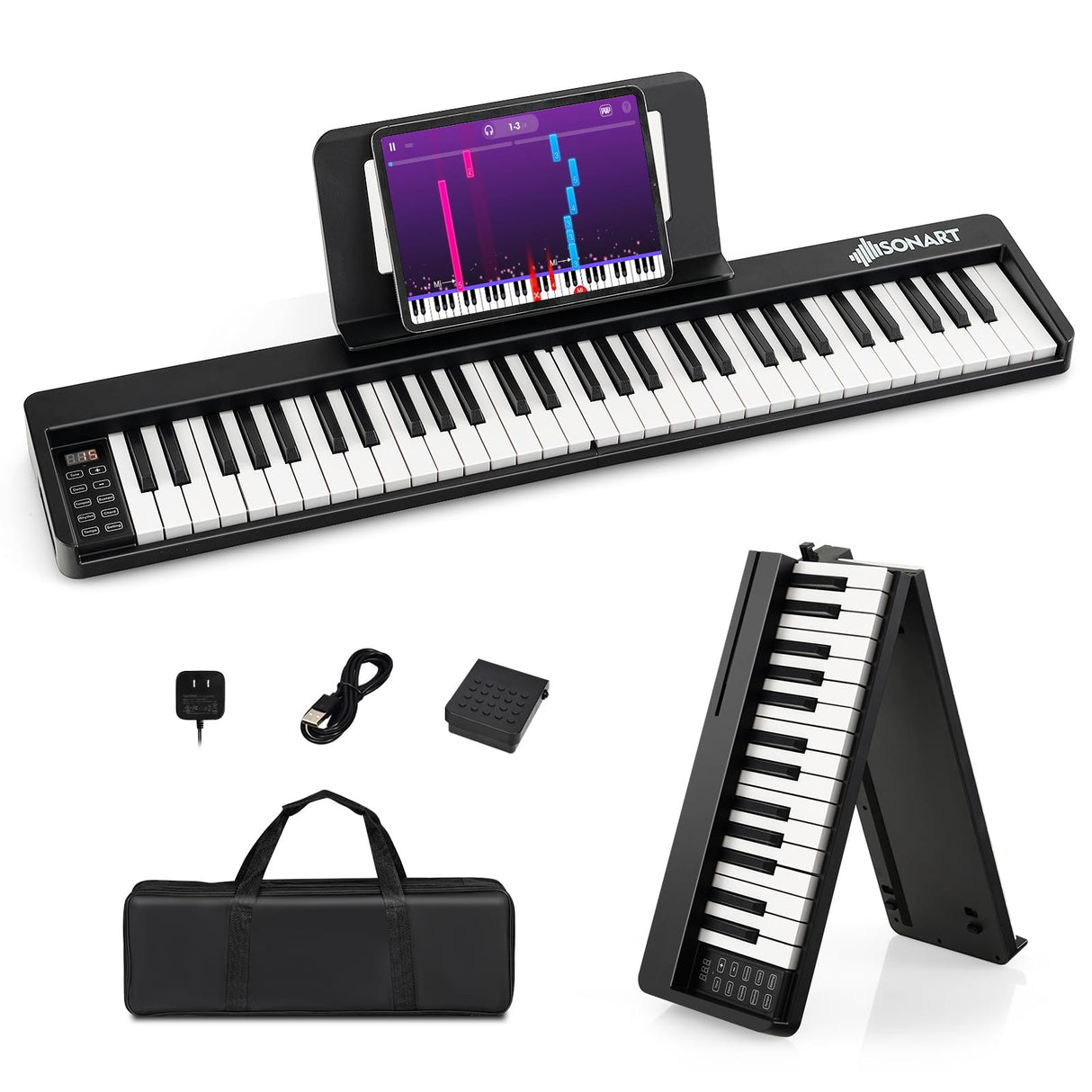 HONEY JOY Foldable 61-Key Piano Keyboard, Portable Electric Piano w/Full Size Keys, Music Stand (Black)