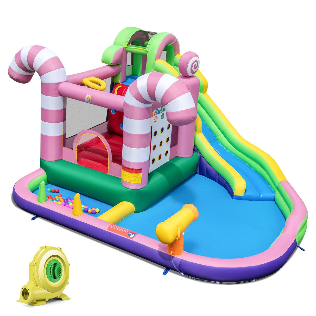 HONEY JOY Inflatable Water Slide, Wet Dry Inflatable Water Park Jumping Castle w/Long Slide (With 680W Blower)