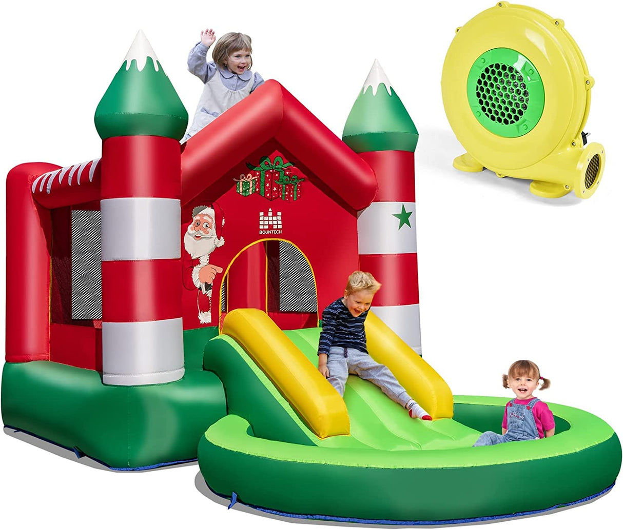 HONEY JOY Inflatable Bounce House, Christmas Themed Jumping Castle w/Slide, Trampoline, Round Ball Pit Pool