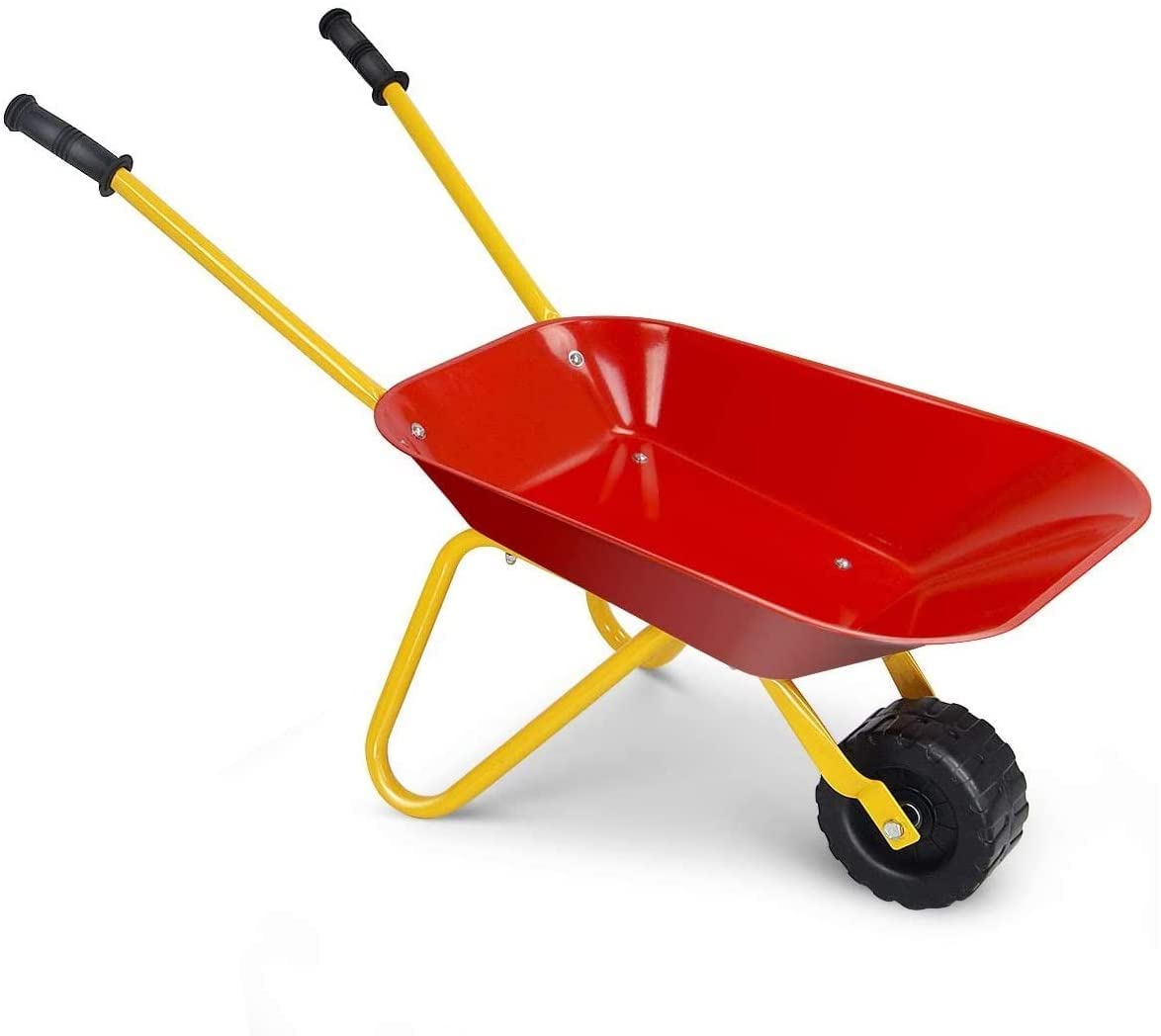 BABY JOY Kids Wheelbarrow, Children Steel Garden Wheelbarrow w/Non-Slip Handle, Wearable Wheels