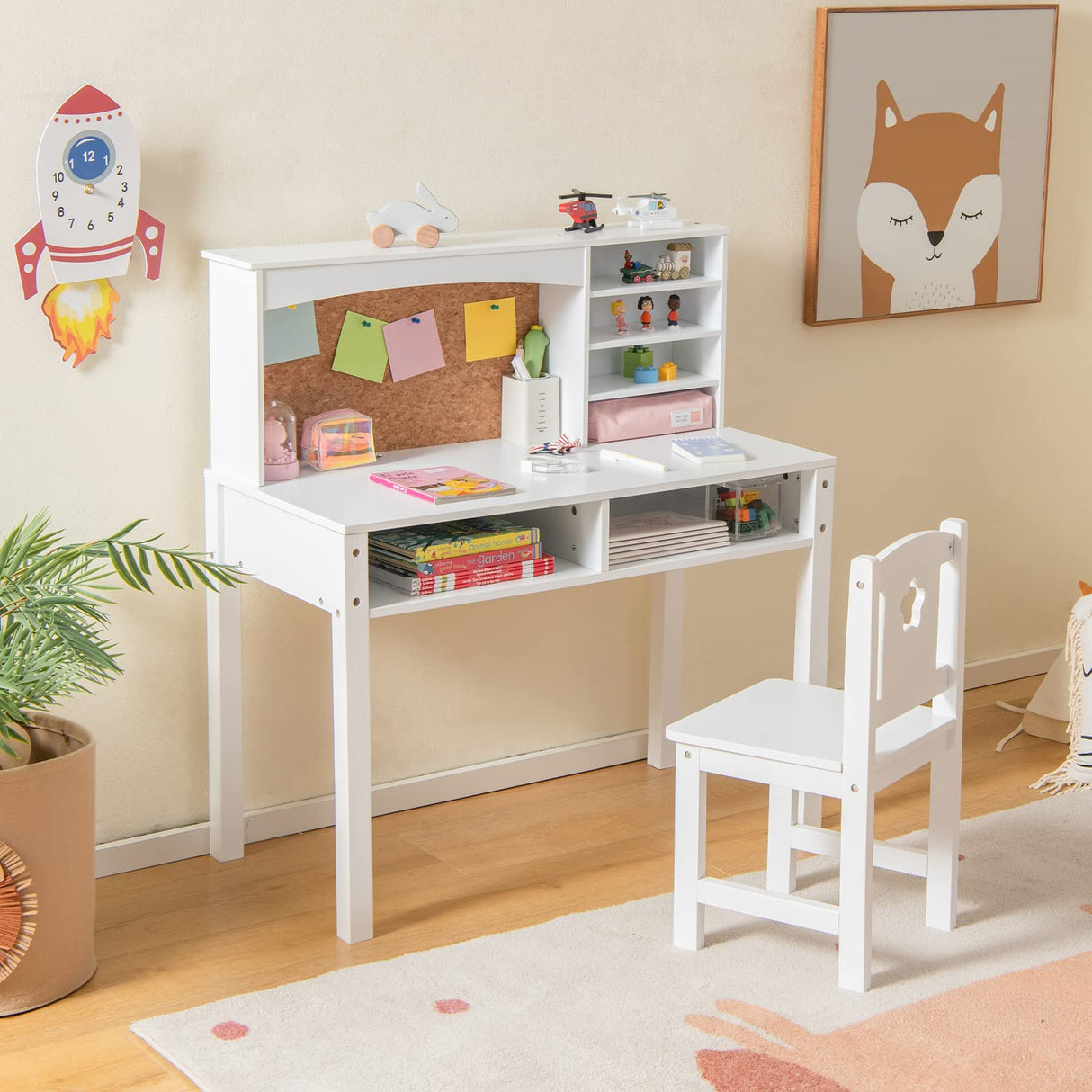 HONEY JOY Kids Table and Chair Set, Students Study Desk w/Chair, Hutch, Cork Bulletin Board, Bookshelf & Drawers