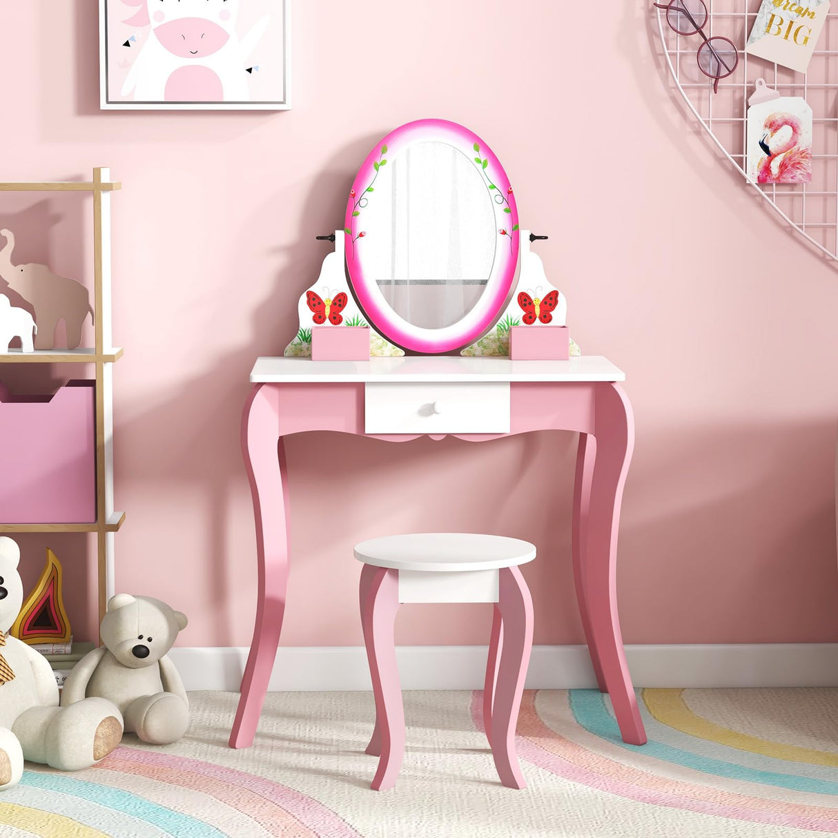 HONEY JOY Kids Vanity Table & Stool Set, Girls Makeup Dressing Desk Chair