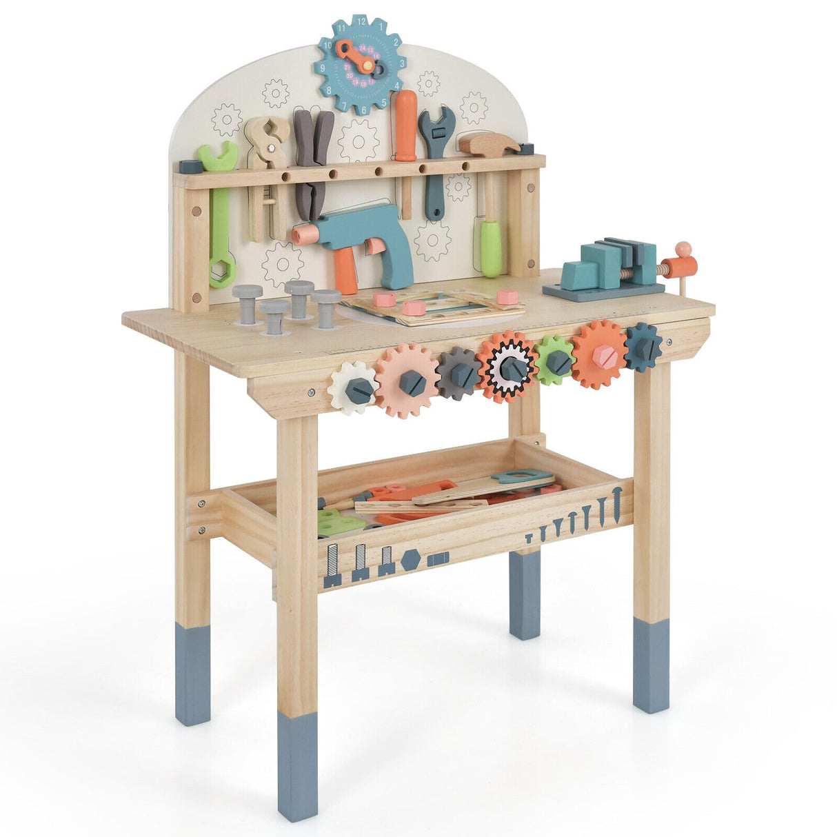 HONEY JOY Kids Tool Bench, Wooden Pretend Workbench w/63 Toy Tools and Accessories