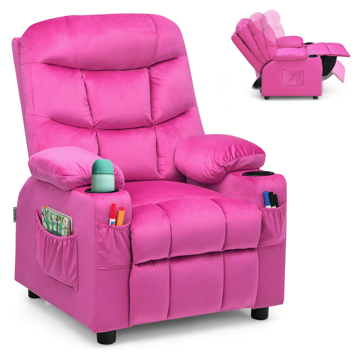 HONEY JOY Kids Recliner Chair with Cup Holder, Adjustable Velvet Lounge Chair w/Footrest & Side Pockets for Children Boys Girls Room