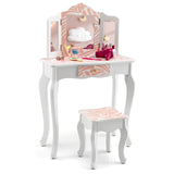 HONEY JOY 2 in 1 Kids Vanity Table Set, Princess Pretend Play Makeup Dressing Table w/Tri-Folding Mirror & Stool