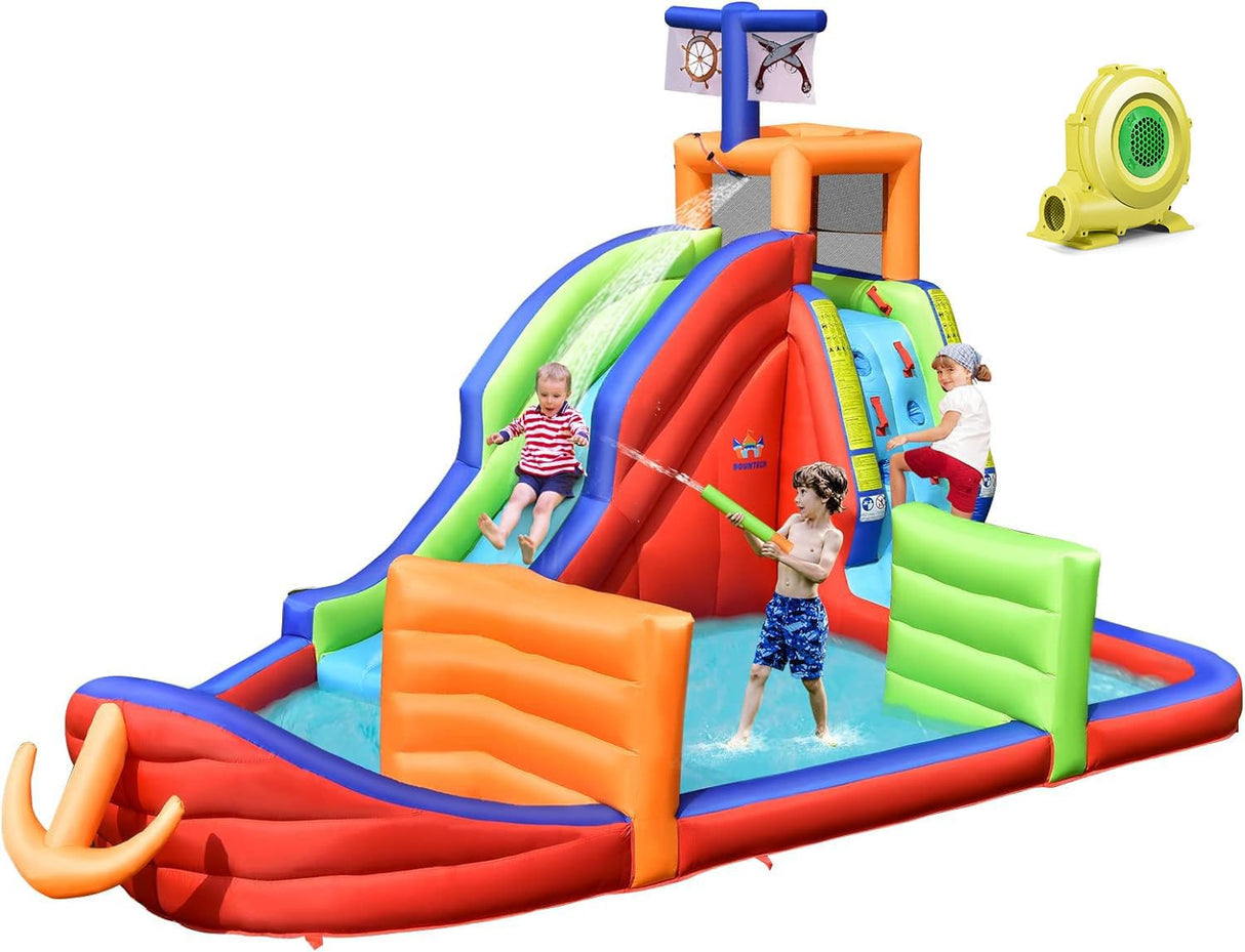 HONEY JOY Inflatable Waterslide, 6-in-1 Pirate Ship Bounce House w/Long Slide, Climbing Wall, Splash Pool