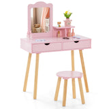 HONEY JOY Kids Vanity Set, Girls Vanity Set with Mirror and Stool, 2 Large Drawers, Storage Shelf