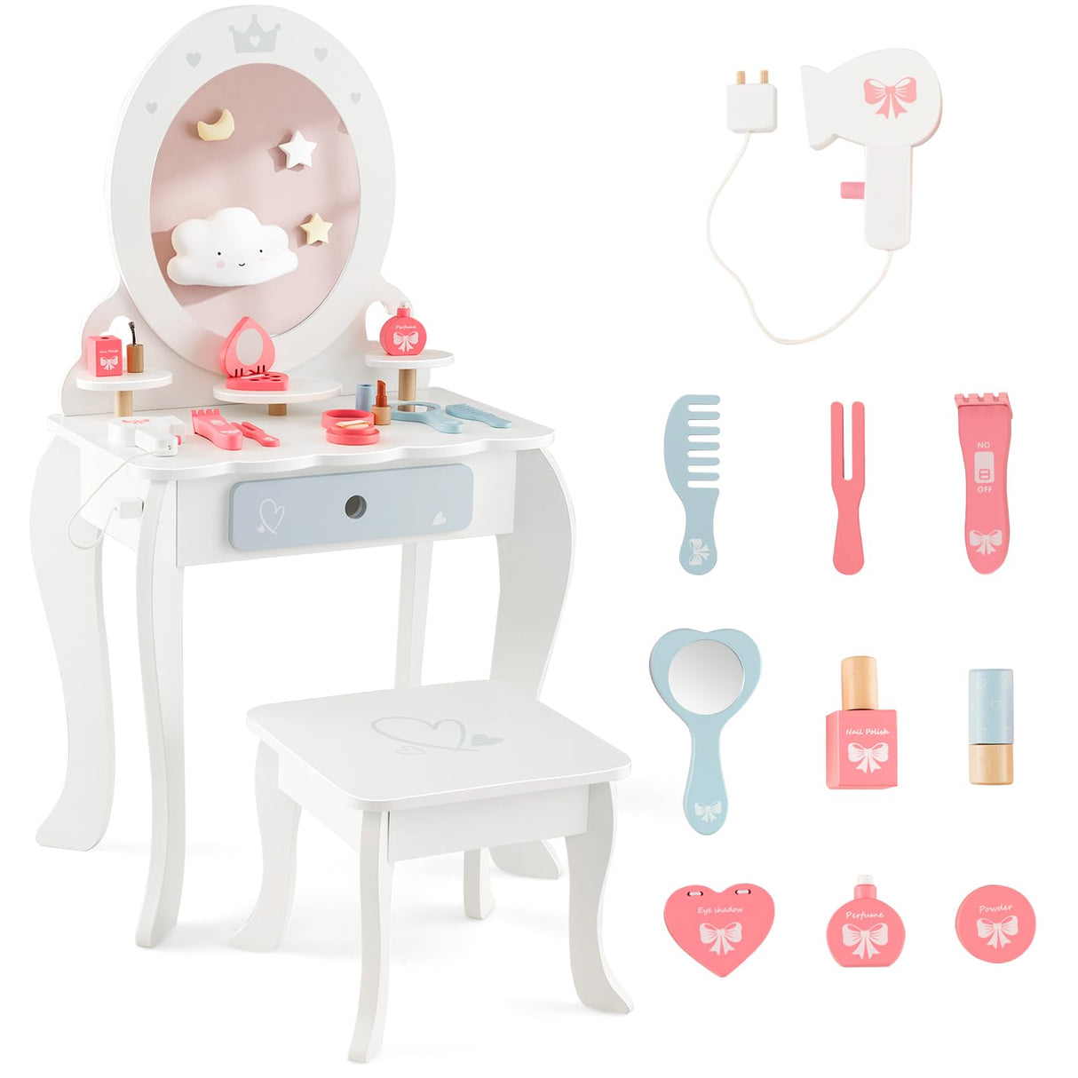 HONEY JOY Kids Vanity Set, Dressing Table w/Mirror and Stool, Accessories, Drawer, Wooden Princess Makeup Dressing Table