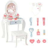 HONEY JOY Kids Vanity Set, Dressing Table w/Mirror and Stool, Accessories, Drawer, Wooden Princess Makeup Dressing Table