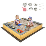 HONEY JOY Wooden Sandbox, Kids Sand Pit with Kitchen Playset Accessories and Built-in Bench Seat