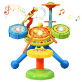 HONEY JOY Kids Drum Set 2-in-1 Electronic Rock Band Musical Drum with Microphone and Chair