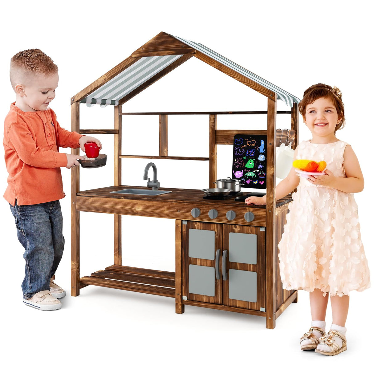 HONEY JOY Wooden Mud Kitchen, Outdoor Play Kitchen with Roof, Chalkboard, Stoves, Removable Sink and Kitchen Accessories