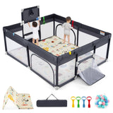 BABY JOY Baby Playpen with Double-Sided Mat, 185 x 155cm Baby Playard w/Basketball Hoop