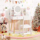 Wooden Kids Vanity Set Makeup Dressing Table w/ 2-Color LED Lighted Mirror Stool