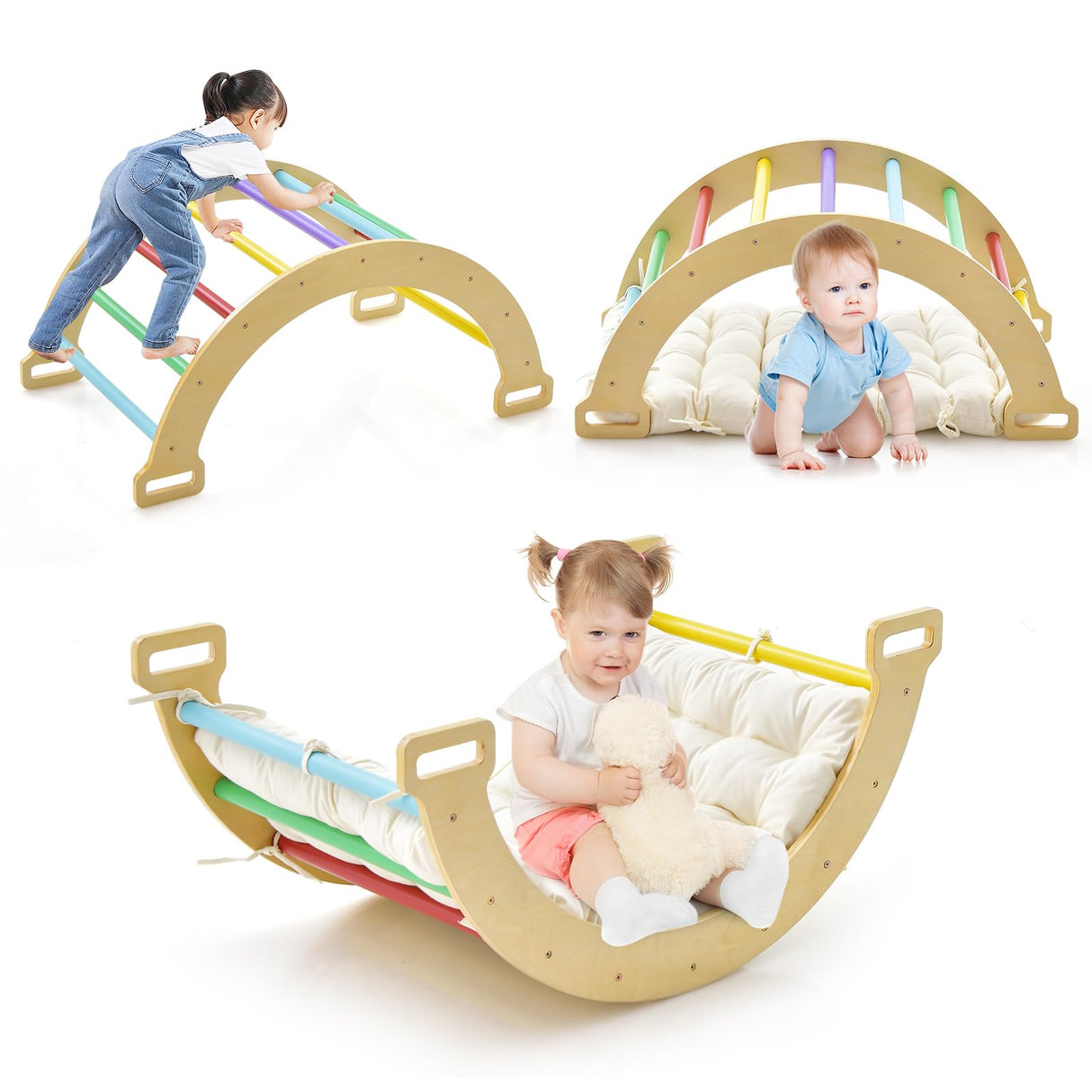 HONEY JOY Kids Climbing Playset, 3-in-1 Wooden Arch Rocker Climber Ladder w/Cozy Cushion