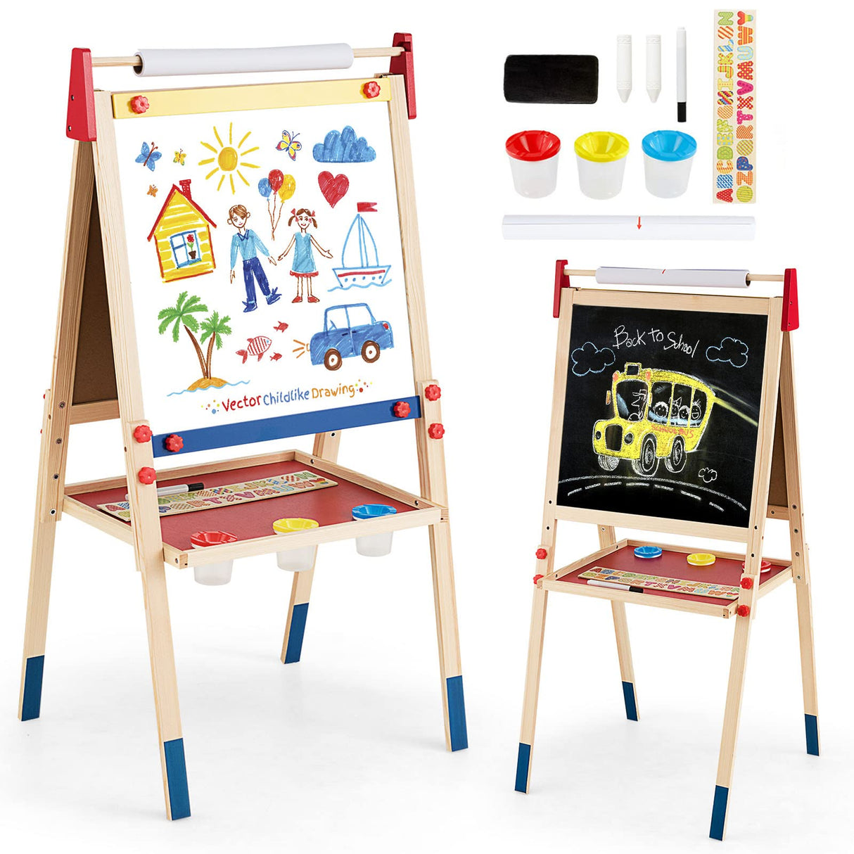 BABY JOY Kids Art Easel, 3 in 1 Double Sided Adjustable Chalkboard & Whiteboard