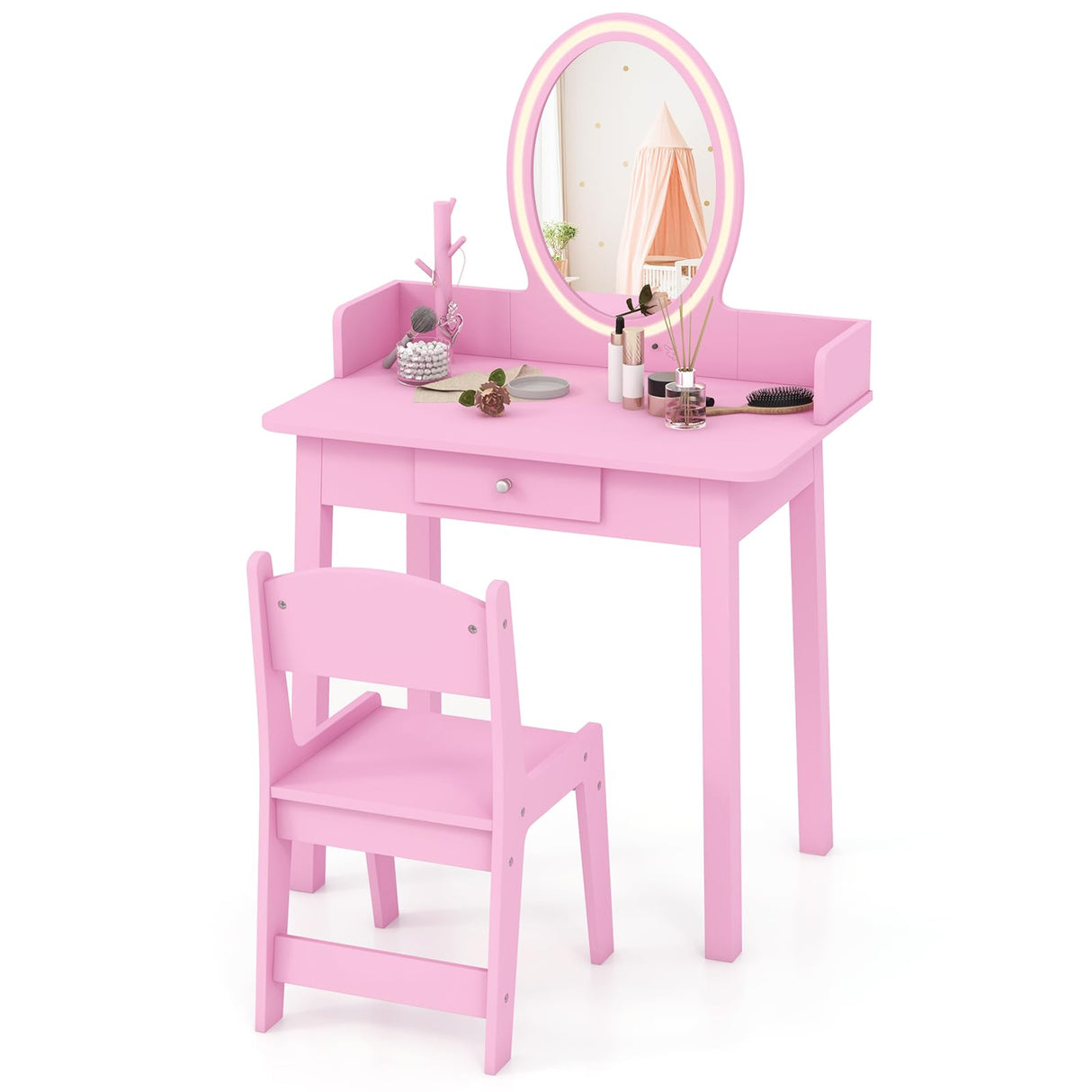 HONEY JOY Wooden Kids Vanity Set w/Lighted Mirror, Makeup Beauty Dressing Table w/Chair