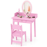 HONEY JOY Wooden Kids Vanity Set w/Lighted Mirror, Makeup Beauty Dressing Table w/Chair