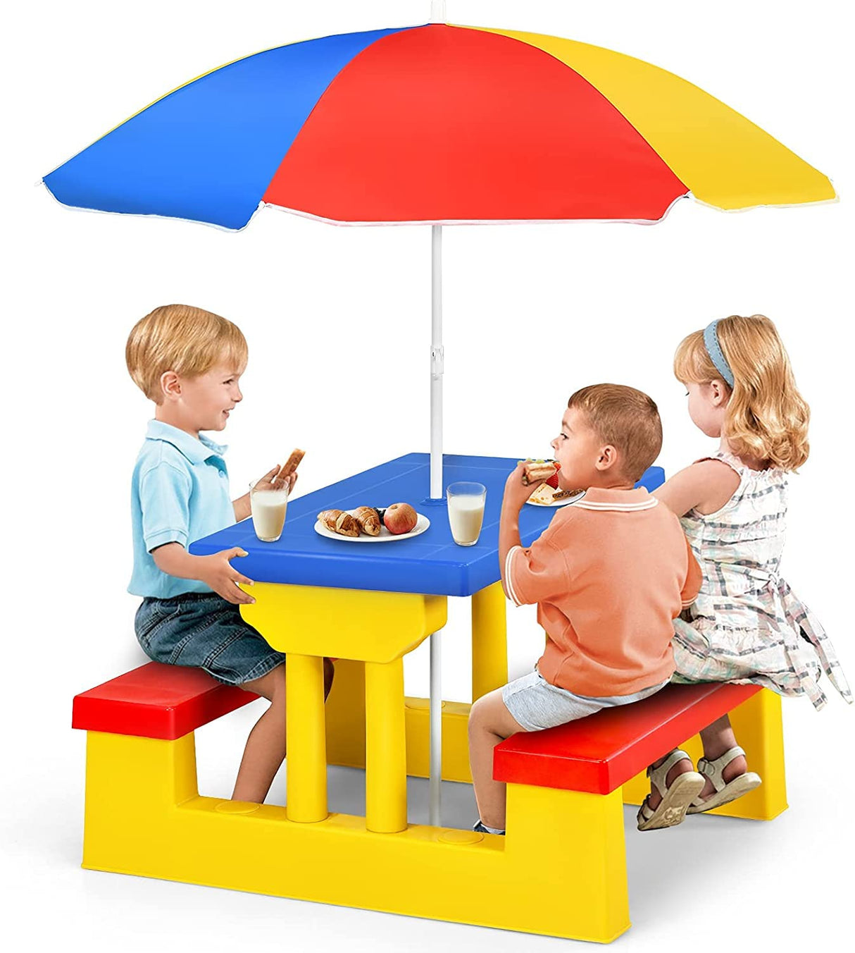 HONEY JOY Kids Picnic Table Set, Table Bench Set for Toddlers w/Removable Umbrella