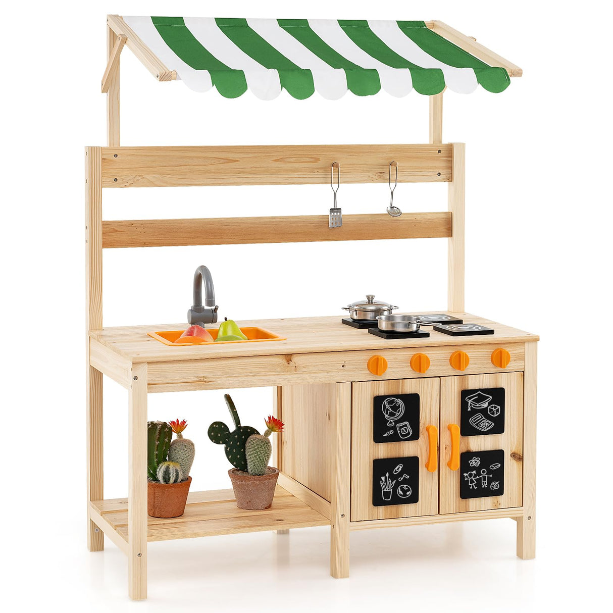 HONEY JOY Kids Mud Kitchen with Canopy, Outdoor Wooden Pretend Play Kitchen w/ 4 Stoves, Sink