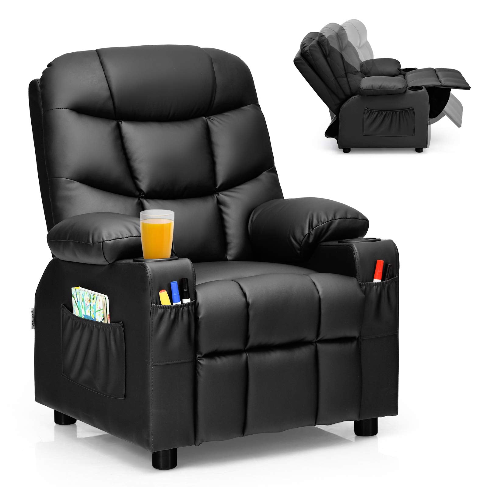 Black leather recliner with cup holder sale