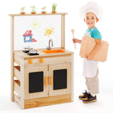 HONEY JOY Mud Kitchen for Kids, Fir Wood Kitchen Playset with Planting Pots, Cookware, Stoves