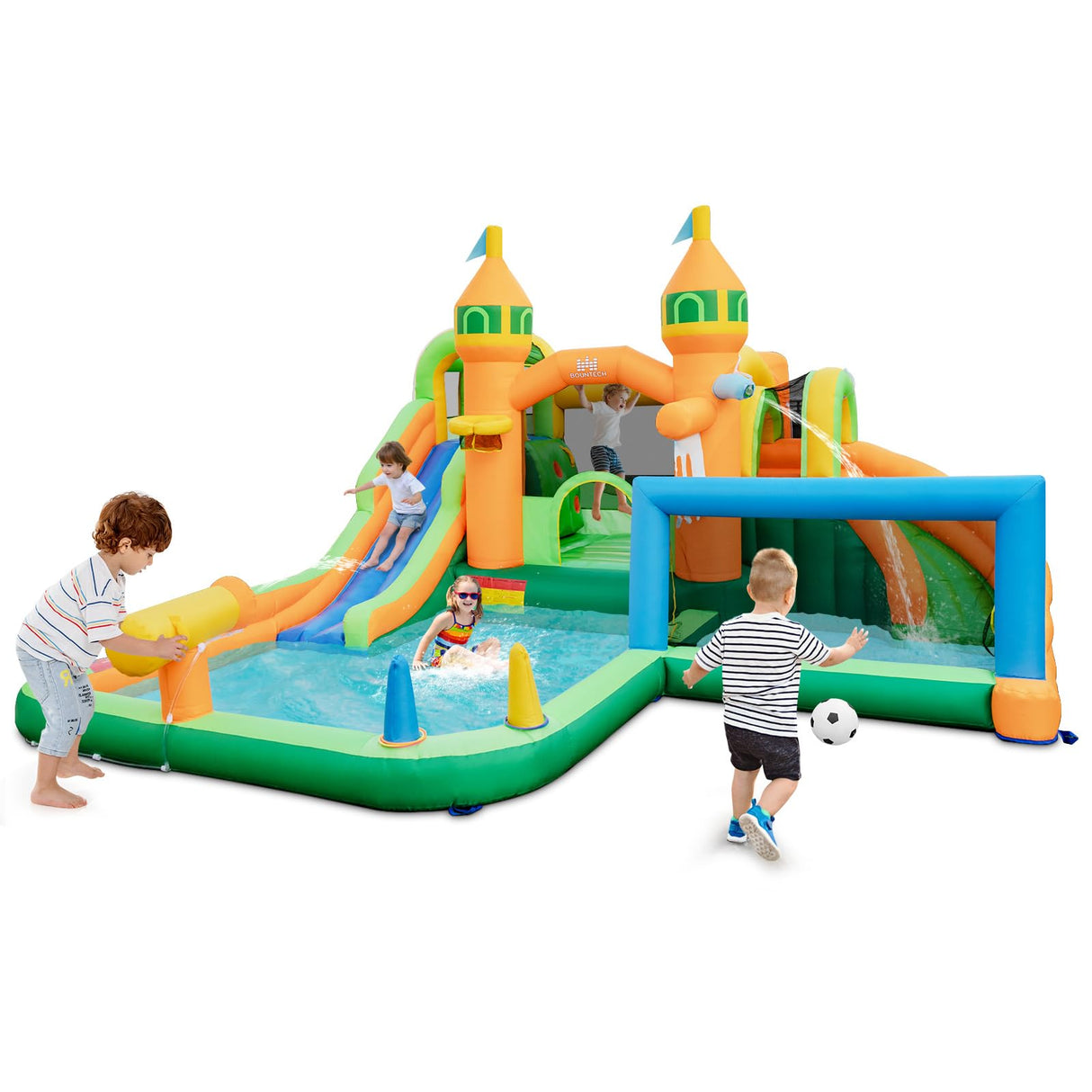 HONEY JOY Inflatable Water Slide, Kids Water Park w/Long Slides, Splash Pools, Climbing Wall, Water Gun