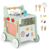 BABY JOY 6-in-1 Wooden Baby Walker, Toddler Push and Pull Learning Activity Center w/Play Kitchen, Teaching Clock