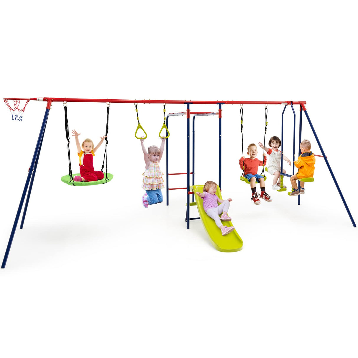 HONEY JOY 7-in-1 Kids Swing Set with 2 Swings, Slide, Fun Glider, Gym Rings